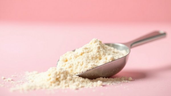 Close-up of colostrum powder for seniors on pink background.