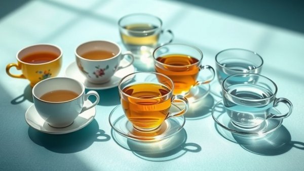 Vintage teacups and a glass on teal background, soothing ambiance for mixing coffee tea and water for longevity.