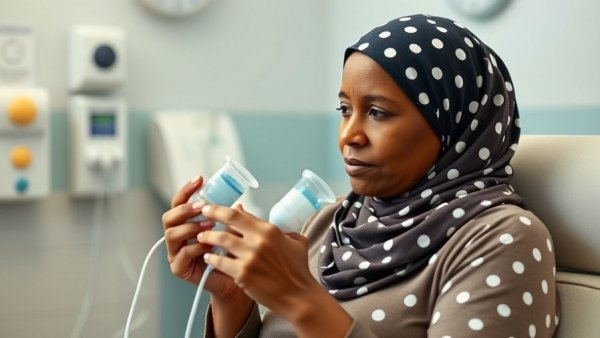 Woman using breast pump in clinic, breast cancer during pregnancy and postpartum.