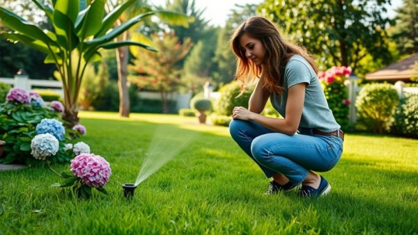Woman adjusting sprinkler for optimal summer lawn care tips.