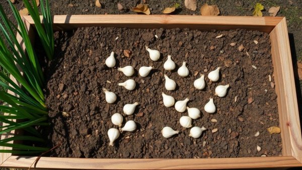 Garden bed with garlic cloves for planting and fall preparation