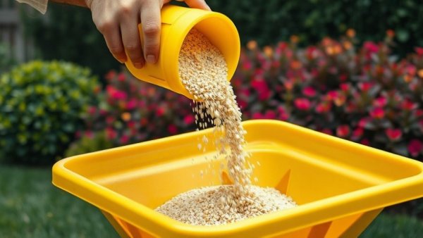 Close-up of fall lawn feeding with fertilizer granules in a garden.