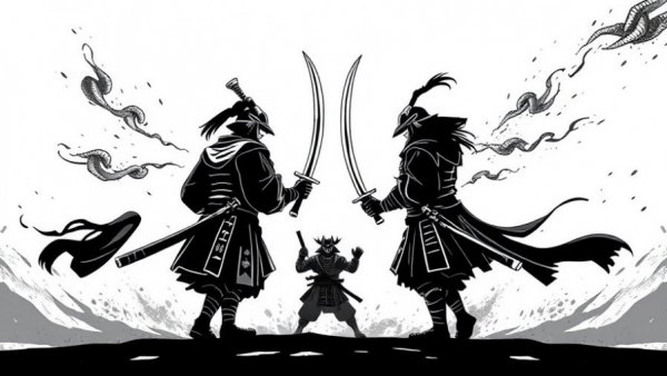 Practical karate training illustration with samurai and katanas