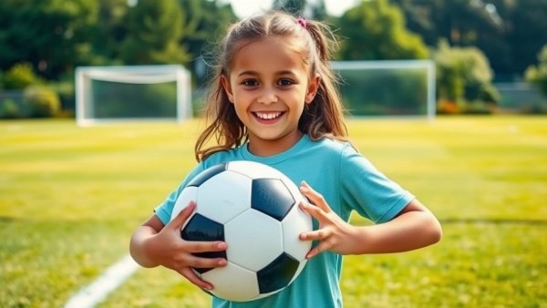 Happy young girl holding a soccer ball on a field, promoting reducing risk of youth sports injuries.