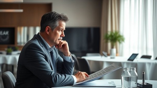 Bullish strategist pondering market caution at a conference table.