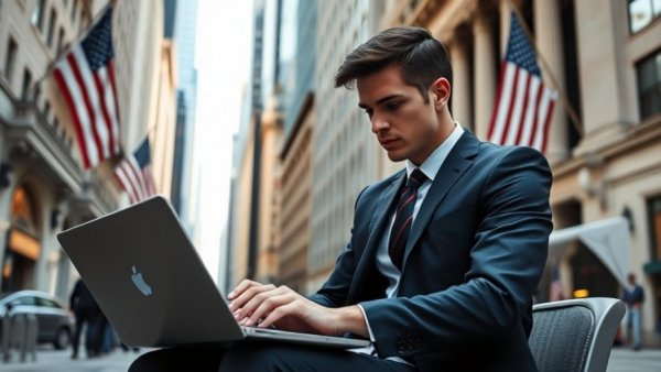 Businessman using laptop near Wall Street for crypto opportunities.