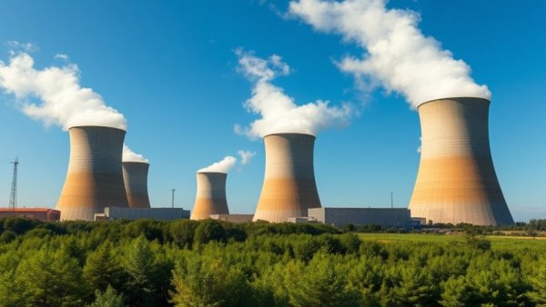 Large cooling towers with steam and green forest under clear sky.