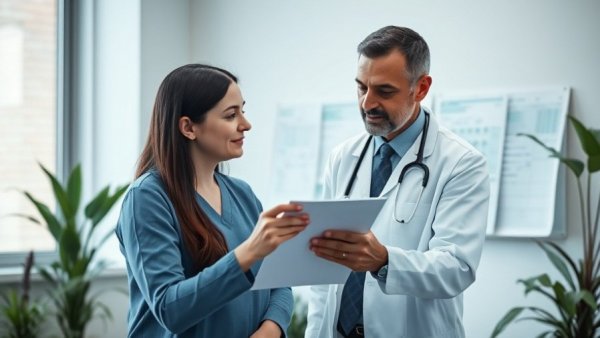 Doctor discussing medical results with patient in a clinic.
