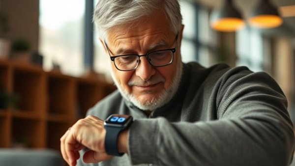 Senior man using smartwatch, enhancing mental health with technology.