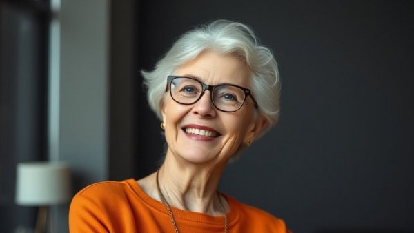 Senior woman smiling warmly at a health fair for seniors.