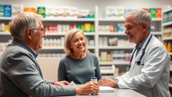 Senior couple in pharmacy discussing options during Senior Care Plus Open Enrollment.