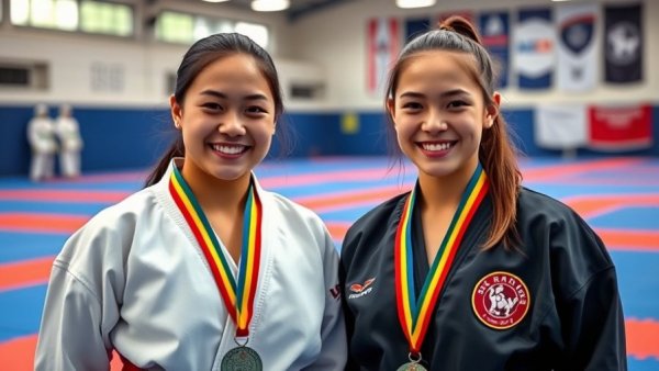 Young martial artists with medals at a karate tournament in Gurnee.