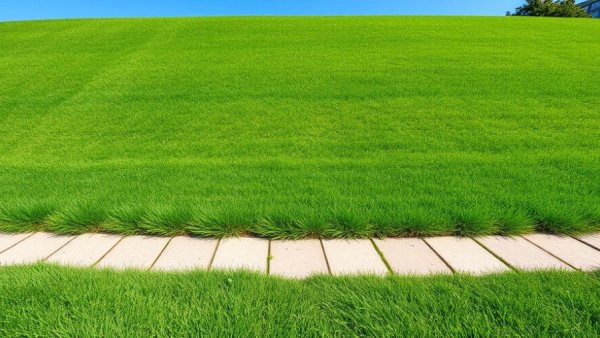Lush lawn next to stone path, showcasing lawn care services in Shelby MI.