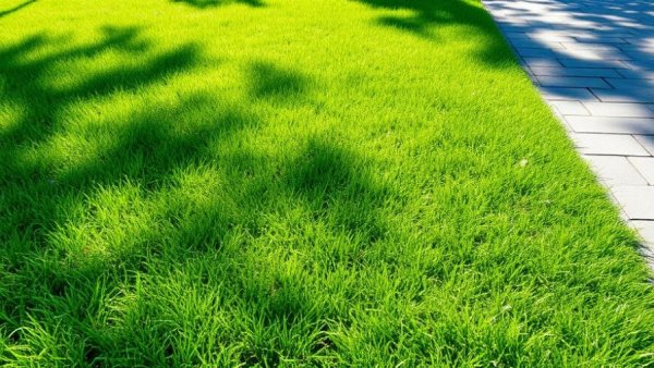 Lawn care Shelby MI: lush green lawn with paver walkway.
