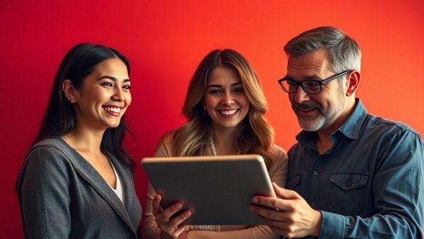 Effective communication aids for autism in Muskegon, shown by a young man displaying text on a tablet, flanked by two women.