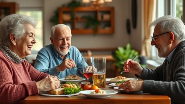 Seniors enjoying a meal together in shared housing, bright setting.