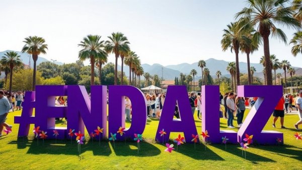Walk to End Alzheimer's event with colorful decorations and participants in park.
