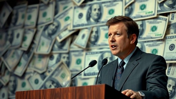 Speech about surprise bank deposits Social Security payments with dollar bills in background.