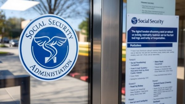 Social Security Administration decal on a glass door in Muskegon, informative signs.