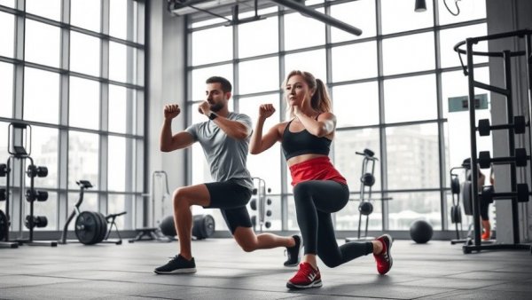 Bodyweight glute workout, man performing lunges in gym.