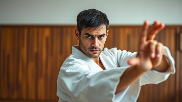 Self-training in Karate: Male martial artist practicing in dojo.