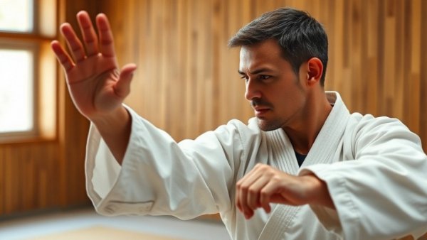 Karate daily self-training in dojo, person performing kata.
