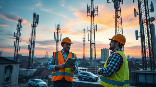 Telecom workers inspecting towers for Dycom stock investment insights.