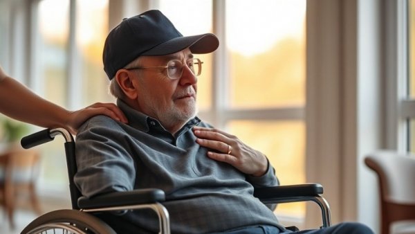 Elderly man in a wheelchair comforted by caregiver, addressing worst state for senior care.