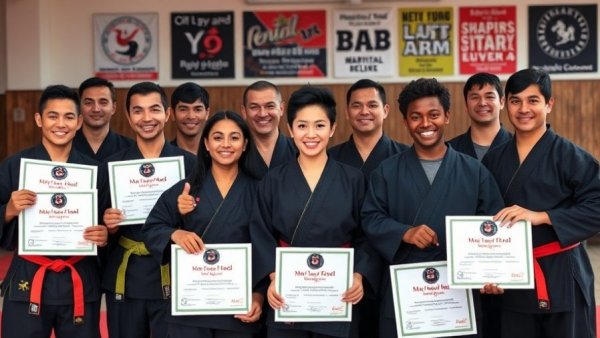 Martial arts students in Gurnee displaying certificates in dojo.