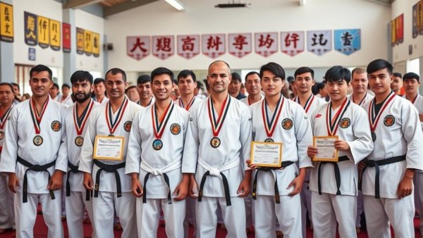 Karate practitioners with medals at a martial arts event, related to karate lessons Gurnee.