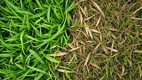 Lawn maintenance Shelby Michigan: vibrant green grass vs dry brown grass.