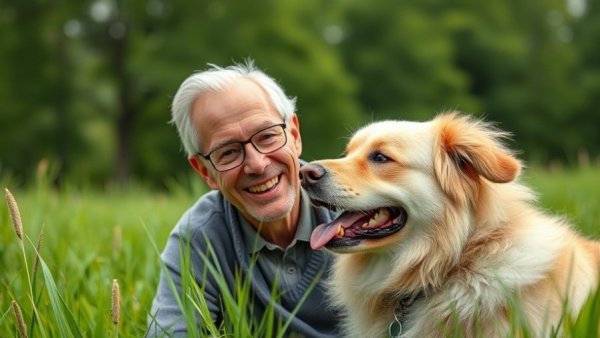 Benefits of pet ownership for seniors; man and dog enjoying outdoors.