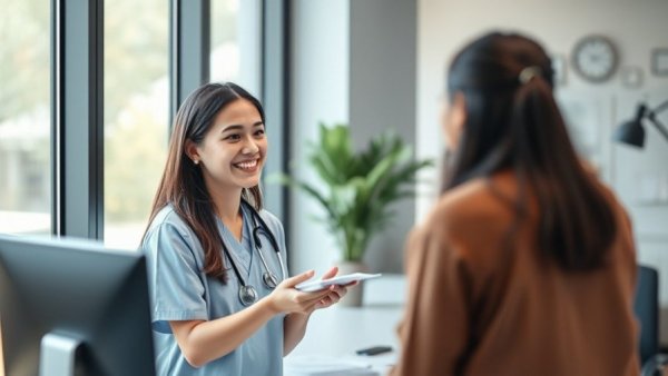 Healthcare worker assisting at window in modern office, related to Trump healthcare proposal for seniors.