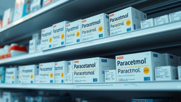 Paracetamol boxes neatly arranged on pharmacy shelves.