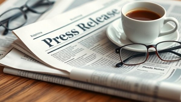 Press release newspaper, coffee cup, and glasses on table.