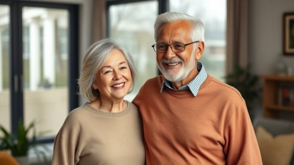 Senior couple enjoying view from window, senior housing costs affordability.