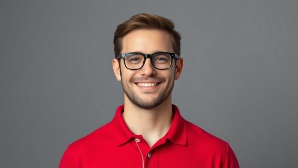Smiling man in red polo shirt, glasses; neutral background; Alzheimer's study.
