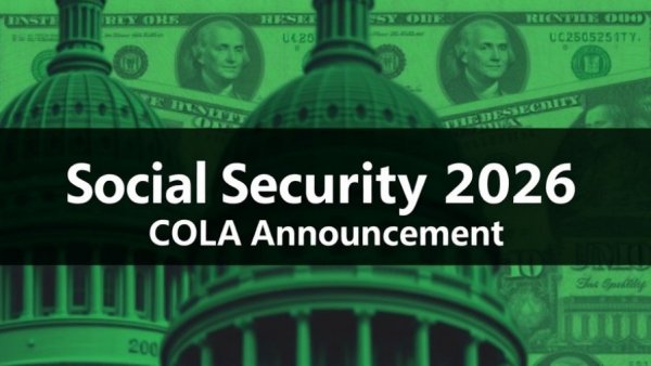 Social Security 2026 COLA announcement graphic with government building.