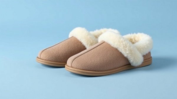 Cozy knitted slippers for women with soft fur lining on blue background