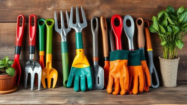 Colorful garden tools and gloves for winterizing on wooden surface.