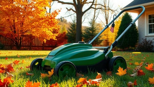 Green lawn mower on autumn lawn for November lawn care.