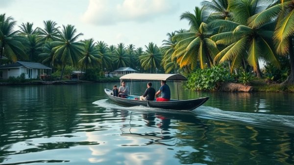 Group enjoying tropical boat ride amidst palm trees.