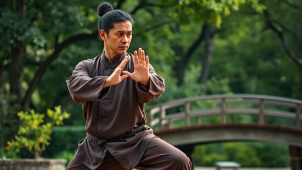 Martial artist practicing Tai Chi in a park with lush greenery.