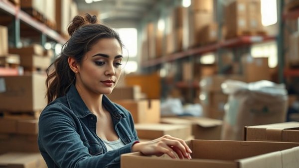 Warehouse worker packing products, symbolizing Amazon stock success.