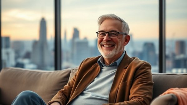 Senior health services enrollment assistance - man smiling in studio.