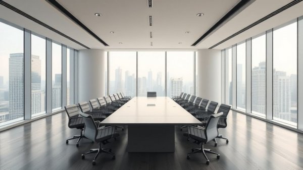 Modern boardroom setup for a senior housing expansion meeting.