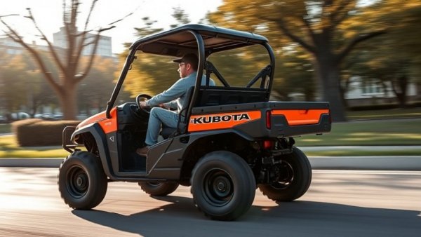 Kubota RTV-X Long Bed UTV driving through a sunlit park.