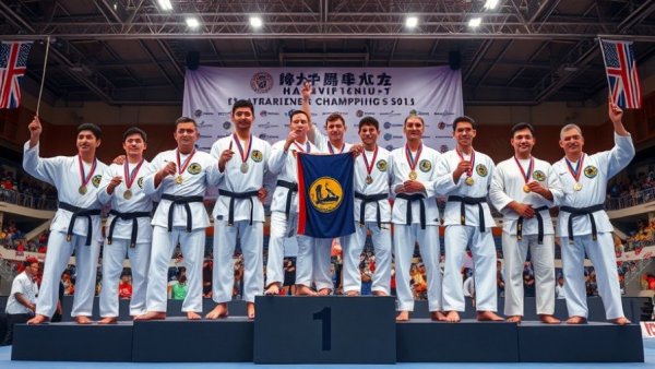 Martial artists on podium at championship, displaying medals.