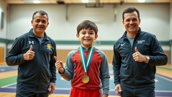 Karate lessons Gurnee; young child with medals and coaches at tournament.