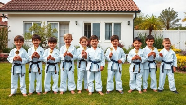 Karate students with trophies at martial arts classes Gurnee.